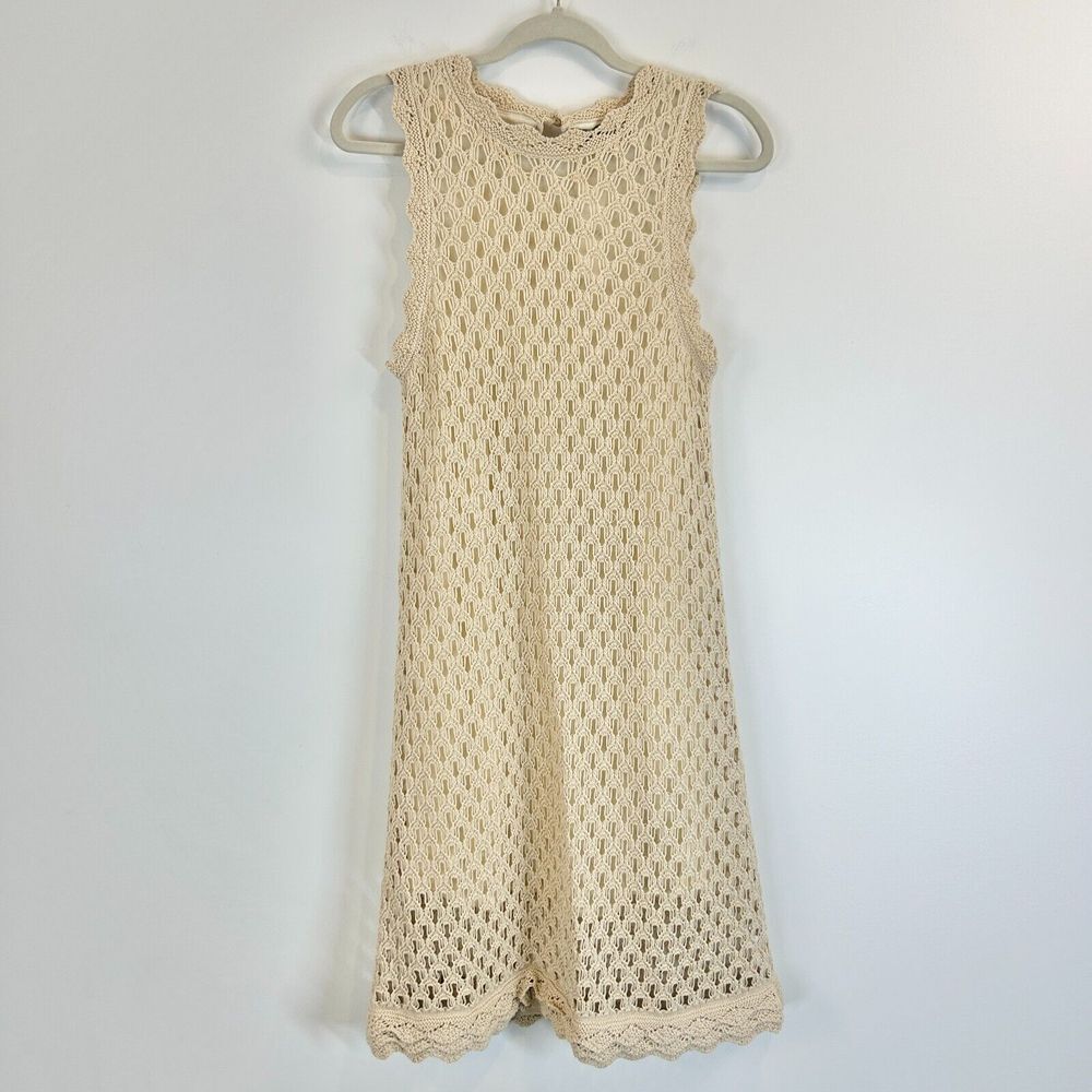 J. Crew Sweater Dress Womens M Toasted Cream Pointelle‎ Sleeveless Crochet Boho - Picture 2 of 14